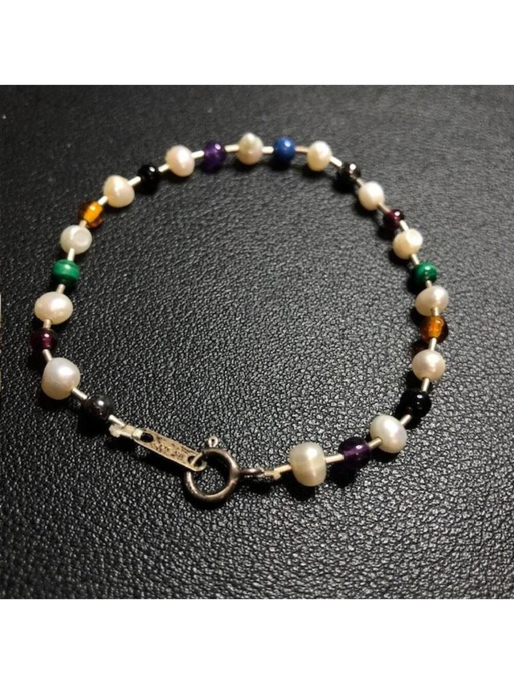 B4049 Jordan Sterling Silver Pearl Multi Gem Beaded Bracelet amethyst Lapis 7.5"